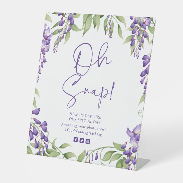 Oh Snap Lila Wisteria Bloral Script Hochzeit Sockelschild (Vorderseite)
