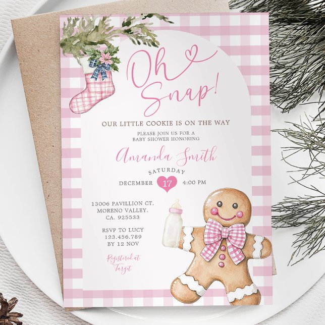 Oh Snap Pink Gingham Christmas Girl Baby Shower Einladung (Von Creator hochgeladen)