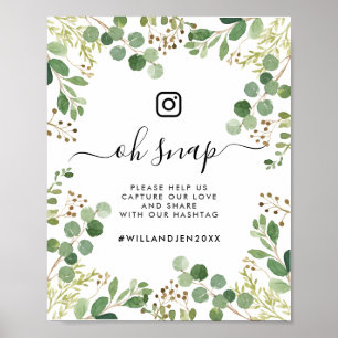 Oh Snap Wedding Hashtag Watercolor Foliage Sign Poster