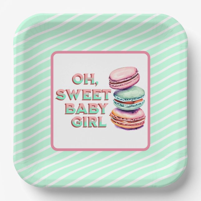Oh Sweet Baby Girl Macaron Themed Baby Dusche Pappteller (Vorderseite)