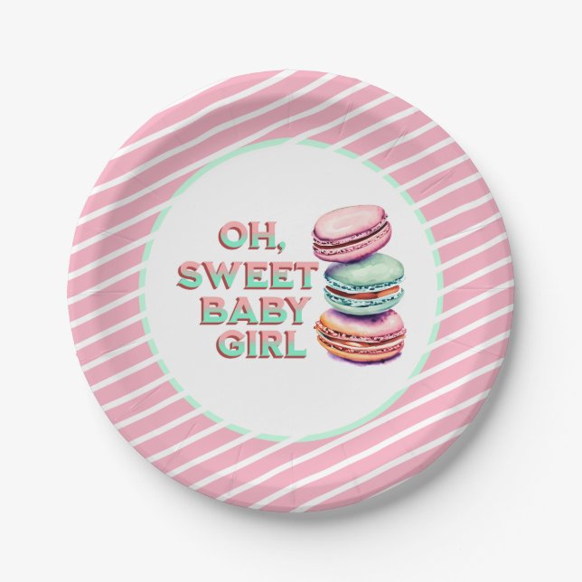Oh Sweet Baby Girl Macaron Themed Baby Dusche Pappteller (Vorderseite)