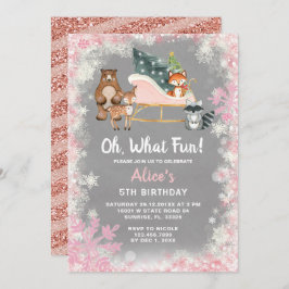 Oh, was Spaß Pink Sleigh Wald Tier Geburtstag Einladung