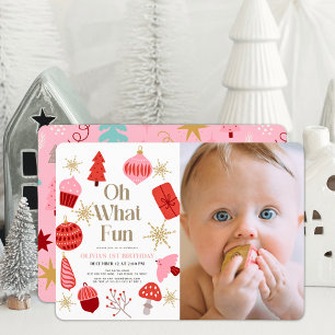 Oh, was Spaß Weihnachten Pink 1. Geburtstag Foto Einladung