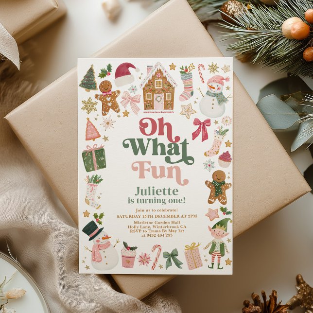 Oh What Fun! 1st Birthday Christmas Invitation Einladung (Oh What Fun! Christmas 1st Birthday Party Invitation December Baby )