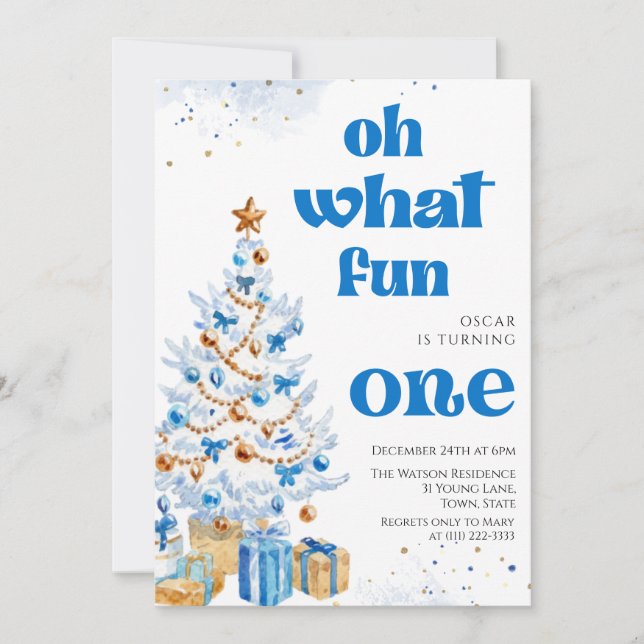 Oh what fun Blue tree christmas birthday  Einladung (Vorderseite)