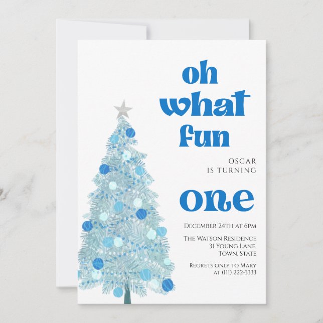 Oh what fun Blue tree christmas Boy birthday  Einladung (Vorderseite)