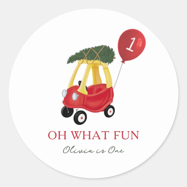 Oh What Fun Christmas Car 1st Birthday Party  Runder Aufkleber (Vorderseite)