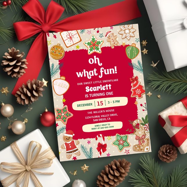 Oh What Fun Christmas Cookies 1st Birthday Party Einladung (Oh what a fun Christmas Gingerbread cookie 1st birthday party invitation)