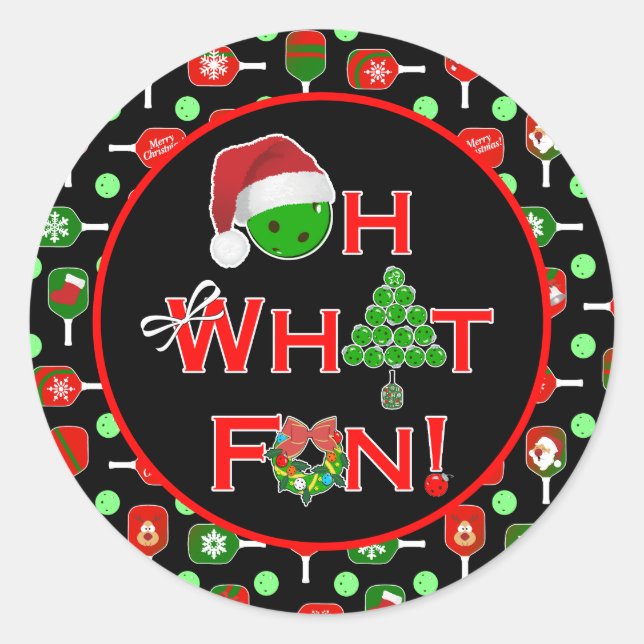 Oh What Fun Christmas Pickleball Paddles Black Runder Aufkleber (Vorderseite)