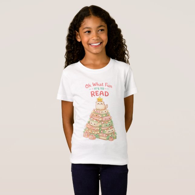 Oh What Fun It's to Read Christmas Cute Cat Books T-Shirt (Vorne ganz)