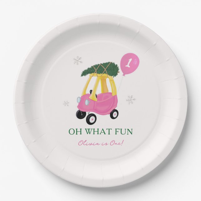 Oh What Fun Pink Christmas Car 1st Birthday Party  Pappteller (Vorderseite)