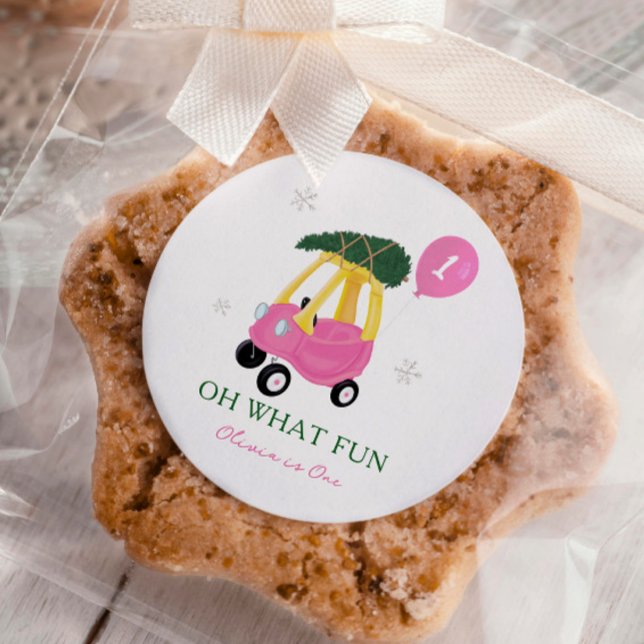 Oh What Fun Pink Christmas Car 1st Birthday Party  Runder Aufkleber (Von Creator hochgeladen)