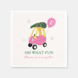 Oh What Fun Pink Christmas Car 1st Birthday Party Serviette
