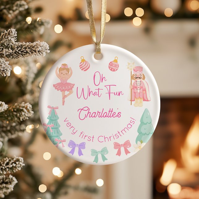 Oh What Fun Pink Nutcracker First Christmas Keramik Ornament (Von Creator hochgeladen)