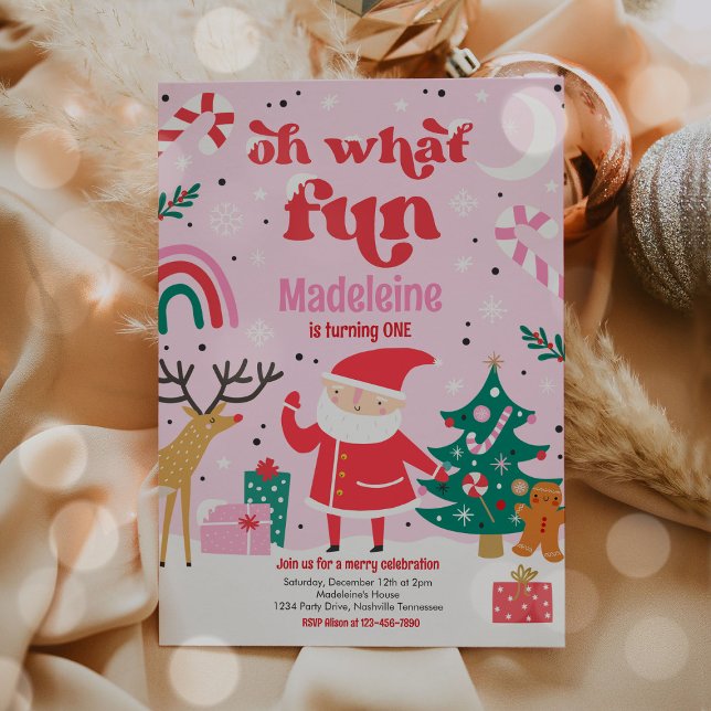 Oh What Fun Pink Santa Christmas Birthday Party Einladung (Von Creator hochgeladen)