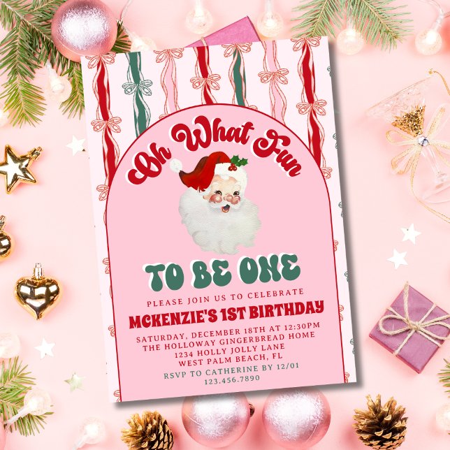 Oh What Fun Pink Santa Christmas First Birthday Einladung (Von Creator hochgeladen)