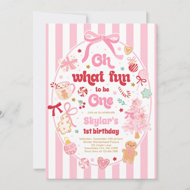 Oh What Fun To Be One Christmas Bow 1st Birthday Einladung (Vorderseite)