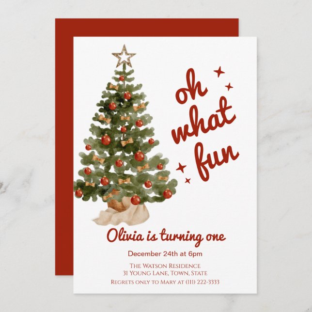 Oh what fun tree christmas birthday  einladung (Vorne/Hinten)