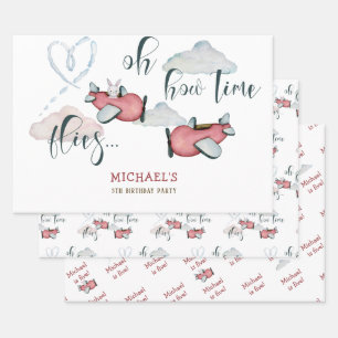 Oh, wie die Zeit fliegt Retro Flugzeug Junge Gebur Geschenkpapier Set