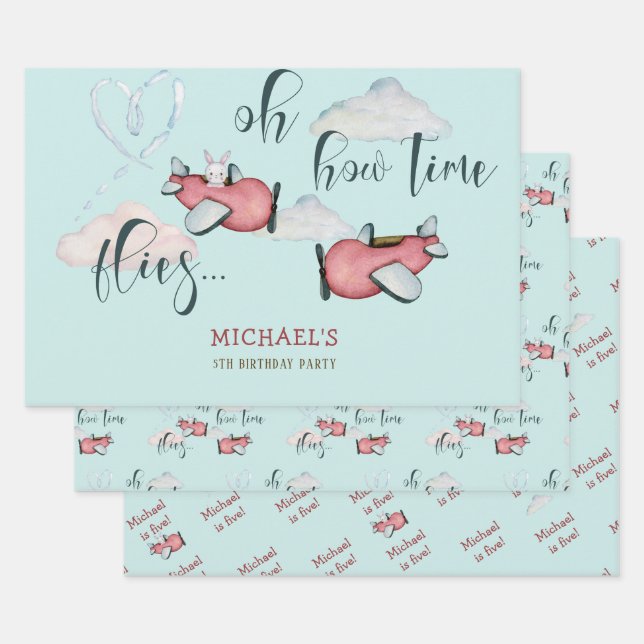 Oh, wie die Zeit fliegt Retro Flugzeug Junge Gebur Geschenkpapier Set (Set)