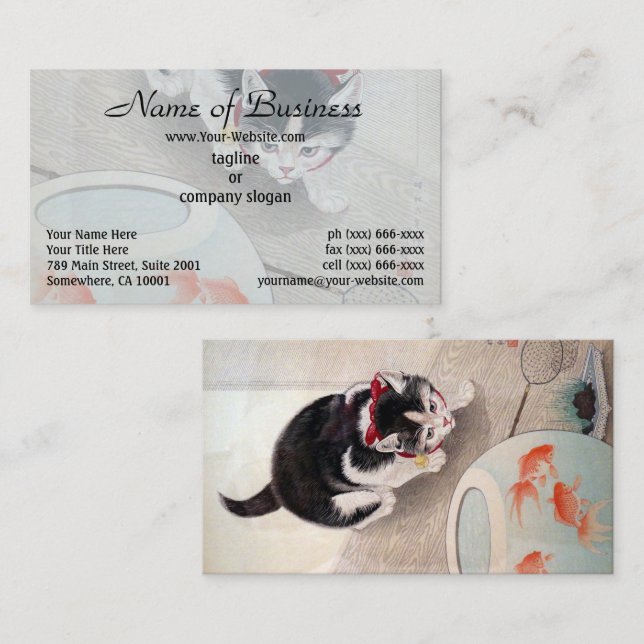 Ohara Koson Cat & Goldfish Bowl Japanische Malerei Visitenkarte (Vorne/Hinten)