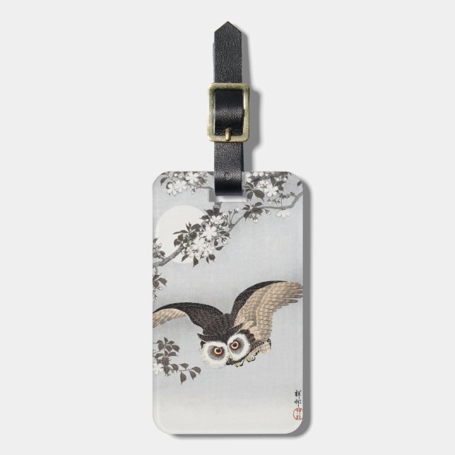 Ohara Koson Scops Owl Cherry Blossoms & Moon Gepäckanhänger (Vorderseite vertikal)