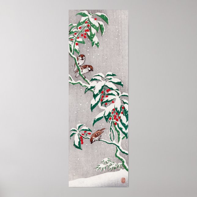Ohara Koson Sparrows auf Schneebruss Poster (Vorne)