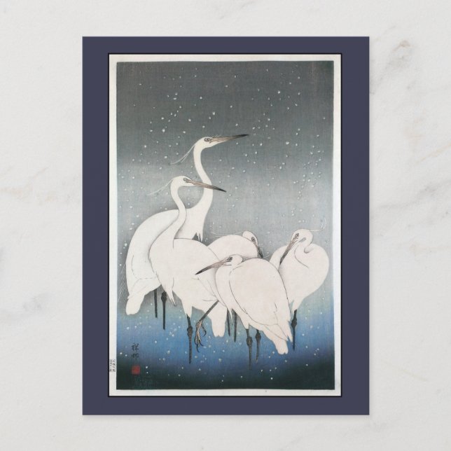 Ohara Kosons Vintage Egrets im Schnee Postkarte (Vorderseite)