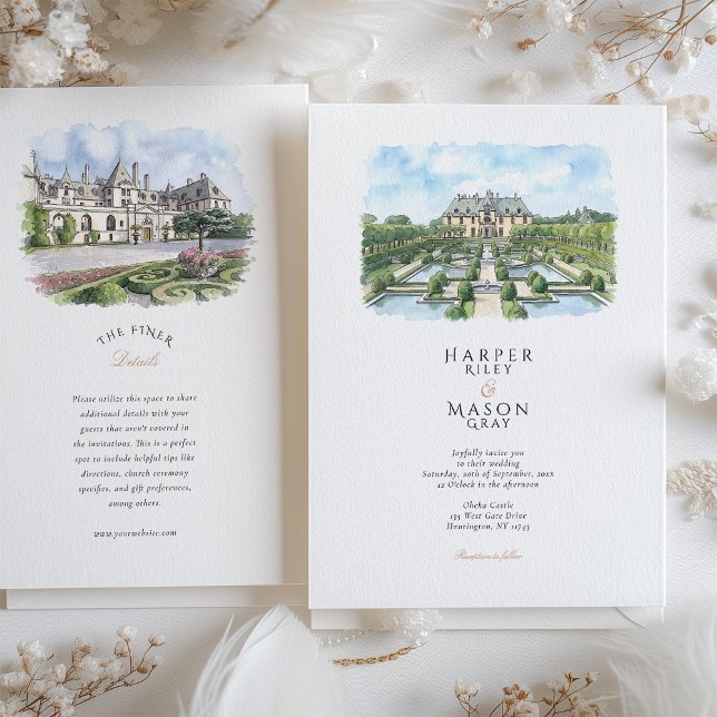 Oheka Castle New York Watercolor Wedding Einladung (Von Creator hochgeladen)