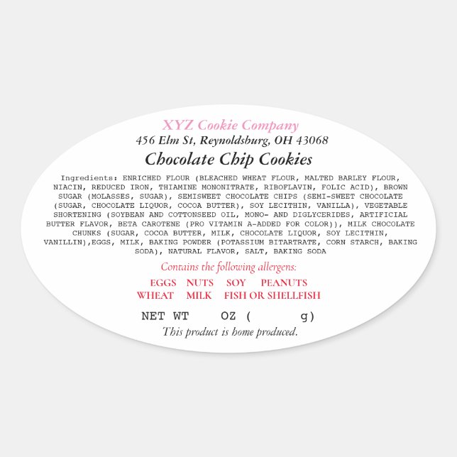 Ohio Hütte Food Law Label Zuhause baker Ovaler Aufkleber (Vorderseite)