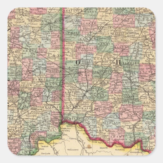 Ohio, Indiana Map von Mitchell Quadratischer Aufkleber (Vorderseite)