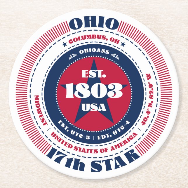 Ohio Red White Blue Typografie Runder Pappuntersetzer (Vorderseite)