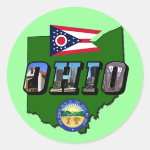 Ohio Staat Map, Bildtext, Flag und Siegel Runder Aufkleber