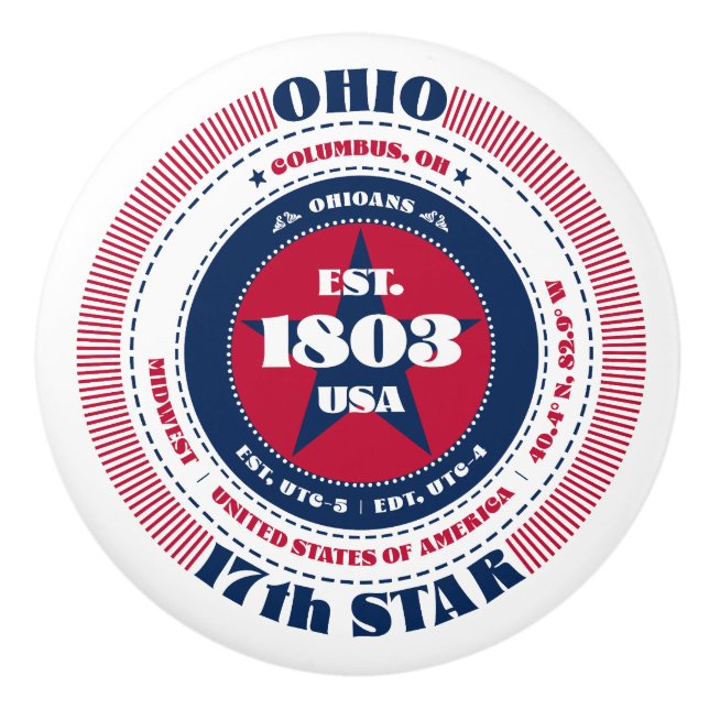 Ohio US Staat Red White Blue Typografy Keramikknauf (Vorderseite)