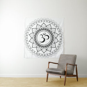 Ohm Mandala Om Mandala White & Black Wandteppich
