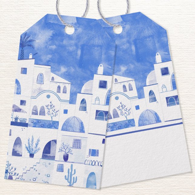 Oia Santorini Aquarellmalerei Geschenkanhänger (Santorini Greek town watercolor blue and white gift tag)