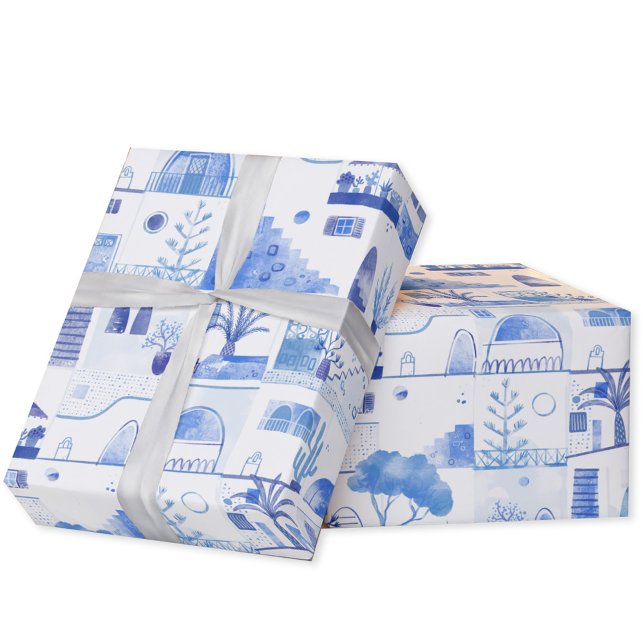 Oia Santorini Greece Watercolor Townscape Painting Geschenkpapier (Santorini Greece blue and white watercolor art gift wrapping paper)
