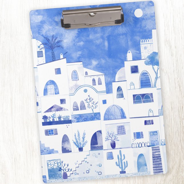 Oia Santorini Griechenland Aquarellmalerei Klemmbrett (Oia Santorini Greece blue and white watercolor art clipboard)