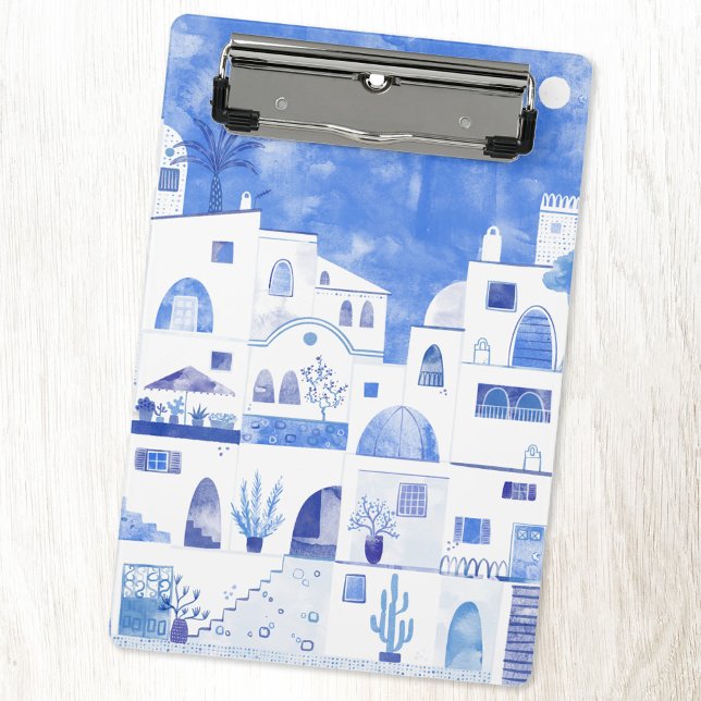 Oia Santorini Griechenland Aquarellmalerei Mini Klemmbrett (Oia Santorini Greece blue and white watercolor art mini clipboard)