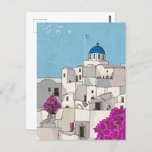 Oia Santorini Insel Griechenland Whimsical Illustr Postkarte