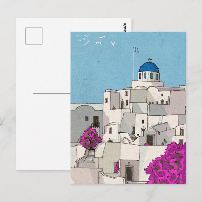 Oia Santorini Insel Griechenland Whimsical Illustr Postkarte (Vorne/Hinten)