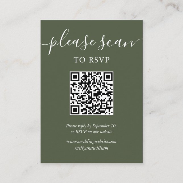 OIive Green Script RSVP QR Code Begleitkarte (Vorderseite)