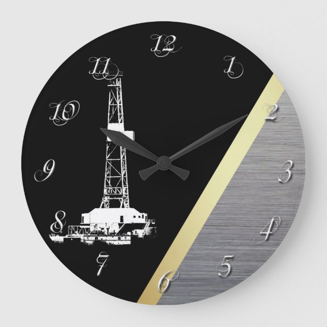 Oil Drilling Rig Gold and Silver Metal Look Große Wanduhr (Vorderseite)
