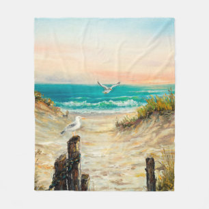 oil painting of ocean beach dunes with seagulls o fleecedecke