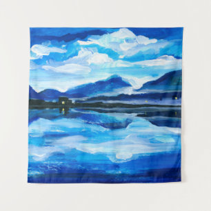 Oil Painting of the twilight on mountain lake. Al Wandteppich