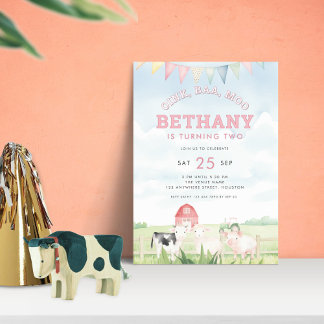 Oink Baa Moo Farm Animes 2. Geburtstag Party Rosa Einladung