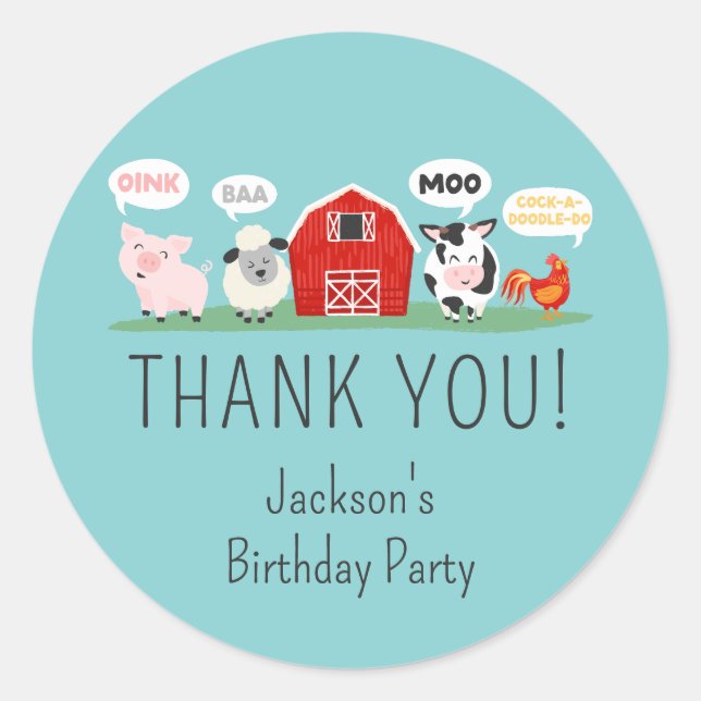 Oink Baa Moo Vielen Dank, Party für Landtiere Runder Aufkleber (Vorderseite)