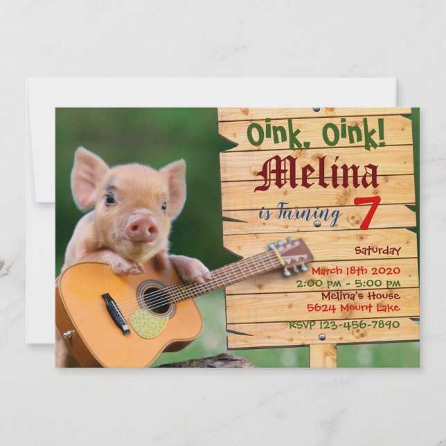 Oink, Oink! Gitarrenschwein Party Einladung (Vorderseite)