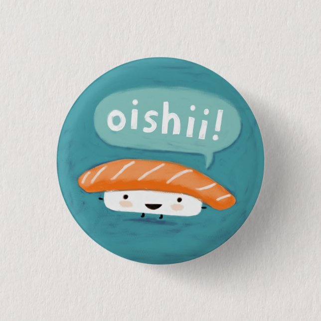 Oishii Sushi | Kawaii Salmon Sashimi Character Button (Vorderseite)