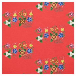 Ojibwe Blumendesign mit rotem Hintergrund Stoff
